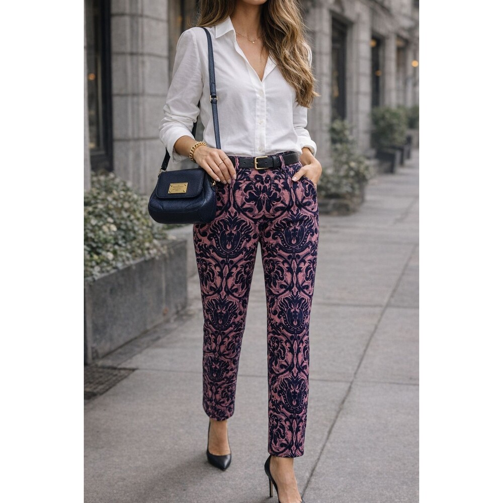 Paul Smith Virgin Wool Pants Made in Italy Pink Navy Damask Size 42